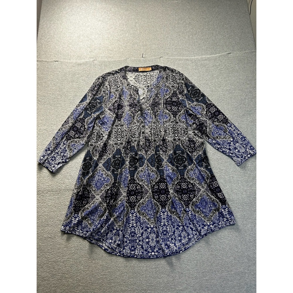 Tunic Blouse Womens Blue Black Medallion Paisley3X Pintuck V Neck Top La Cera